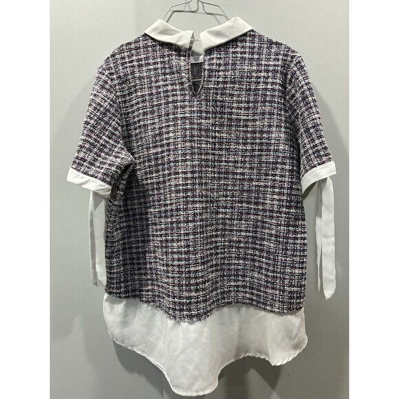 Misia L Tweed Blouse Layered Look Top White Collar Contrast Hem Short Sleeve - Picture 3 of 5
